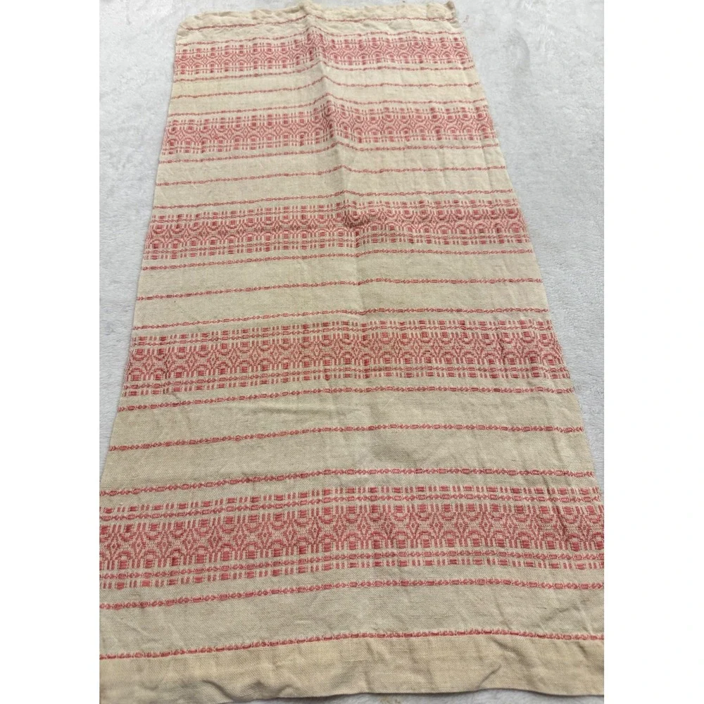 Vintage Woven Geometric Table Runner Coral Red‎ Cream Boho Textile 34x16